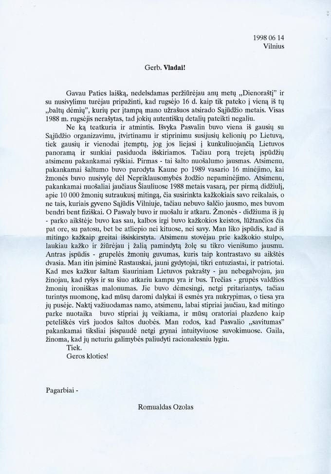 Romualdo Ozolo laiškas Vladui Braziūnui